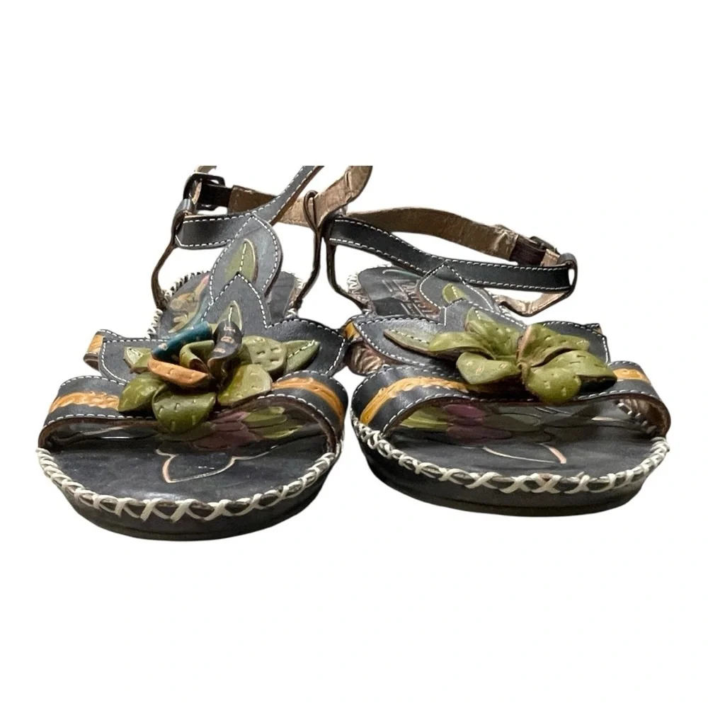 L’Artiste Spring Step Floral Leather Wedge Sandals Black | Size EU 37 US 6.5-7